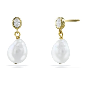 Elegante øreringe med dråbeformet perlevedhæng og zirkonia-sten, stift stemplet med "925".